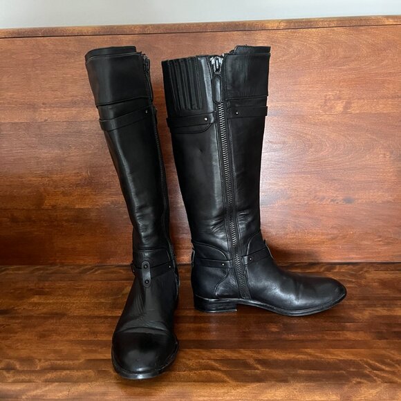 BCBGMaxAzria Ma-Franz Women's Black Leather Riding Zipper Buckle Boots Size 6 - Picture 1 of 11
